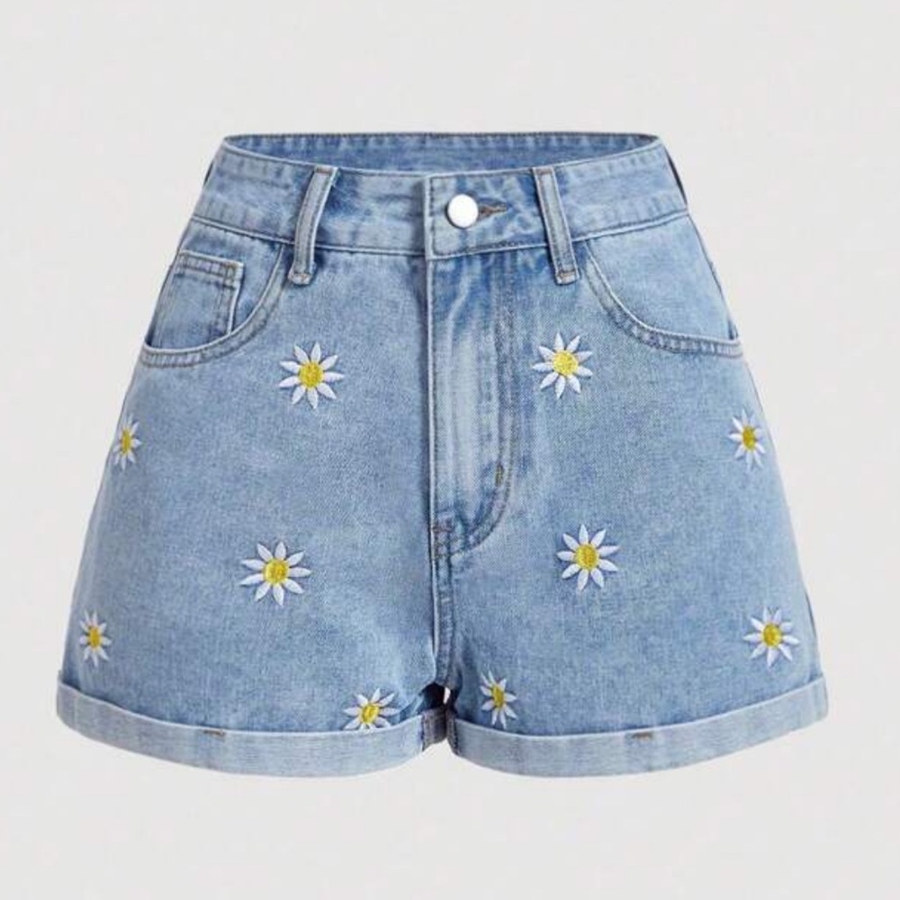 SHEIN Light Blue Daisy Embroidered Jean Shorts